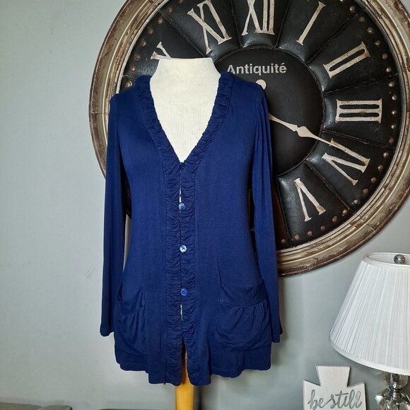 Bobeau Navy Blue Cardigan Ruched‎ Button Down Shirt Small - Picture 1 of 6